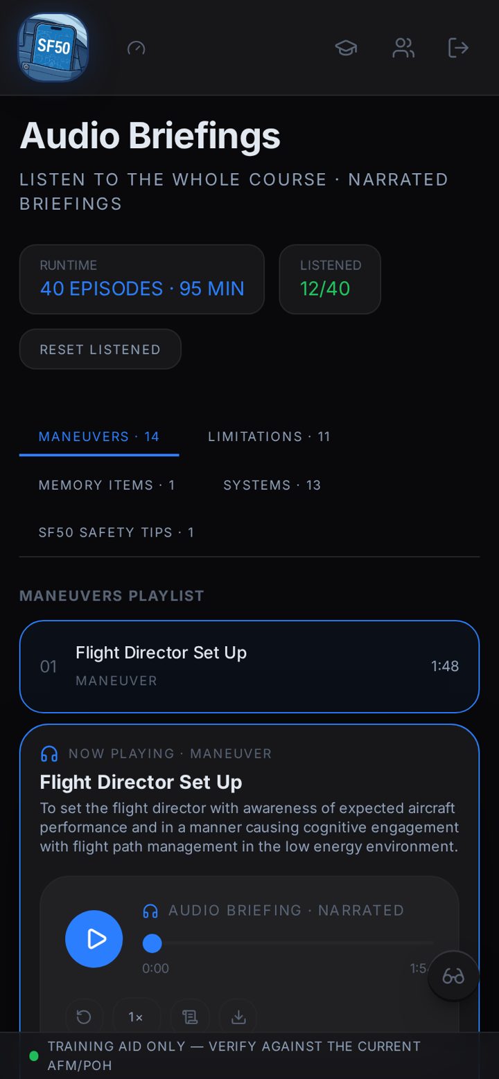 Audio briefings screen of Pocket Type Rating SF50